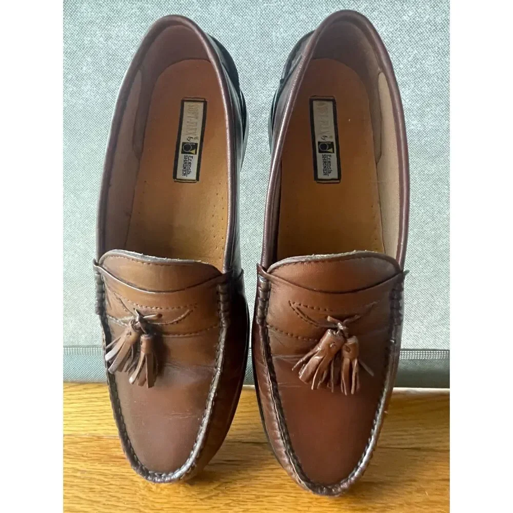 French Shriner Soft-Flex Mens 9.5M Brown Leather Tassel Loafers Dress Shoes